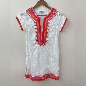 white Sulu Collection tunic dress with orange and hot pink embroidery. (4)